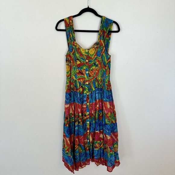 Vtg Phool Multicolor Sundress Full Button Front Cotton Midi Dress Tiered Medium - Picture 7 of 8
